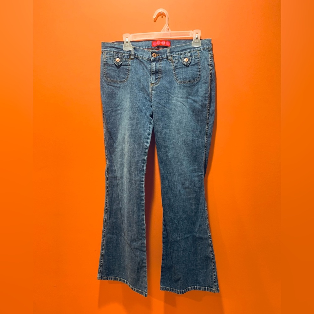 GLO Jeans Wide Flared Leg Denim Jnr 13  Wmn 10 Blue Flap Back Pockets Mid Rise